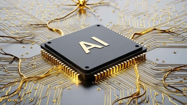 AI chip powering advanced technology, modern golden circuit board design for innovation
