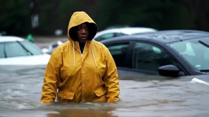 african american woman in yellow raincoat walks through flooded street surrounded by parked cars. natural disaster, urban flooding. flood, weather, emergency awareness, environmental concept