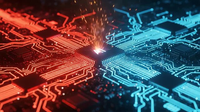 Dynamic vibrant circuit board with glowing pathways and central processor for innovative tech