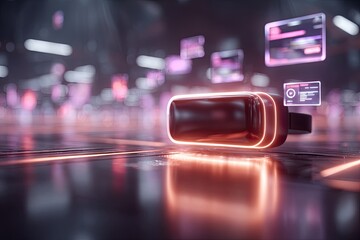 Virtual Reality Headset Presenting Data in Sleek Futuristic Workspace.