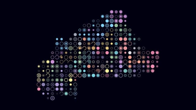 Burkina Faso map animation. Shape of the country with pulsating colored dots. Large size circle blocks. Digital style Burkina Faso map on dark background. Plain video.