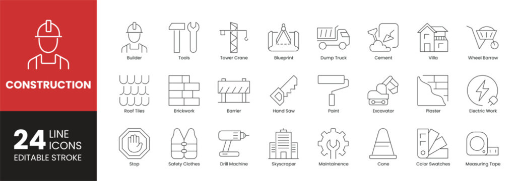 Set of 24 Construction line icons set. Construction outline icons with editable stroke collection. Includes Builder, Excavator, Skyscraper, Brickwork, Cement, and More.
