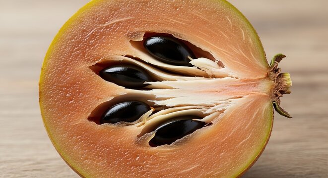 Explore the deliciousness of sapodilla fruit: a close up view of the half cut exotic fruit