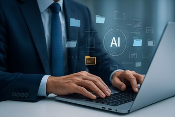 Businessman in Dark Suit Typing on Laptop in Modern Office with Blue Tie and Professional Atmosphere