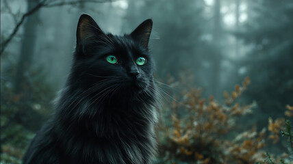 Black cat in forest with green eyes
