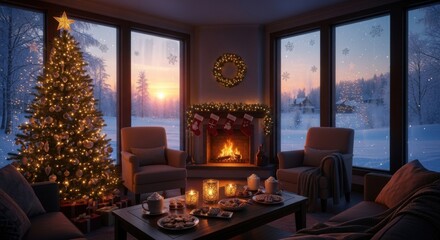 Cozy Christmas Living Room with Glowing Fireplace and Snowy Sunset View.