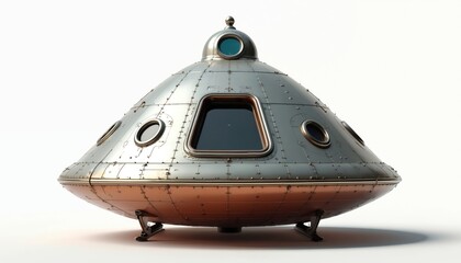 Retro futuristic spacecraft model with metallic silver, orange finish, featuring multiple windows, detailed hull design. Isolated on clean white background, object advanced aerospace engineering,