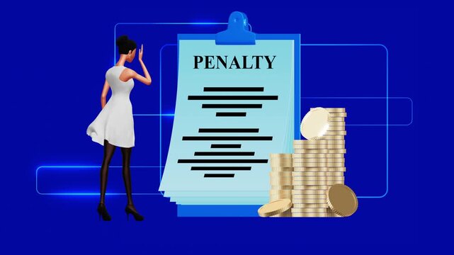 Animated illustration of businesswoman standing near penalty document with clipboard and golden coins stack, symbolizing financial fine, legal punishment, corporate debt, taxation and monetary penalty