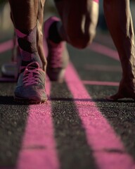 Low-angle close-up of a runner's legs at the starting line.  Pink lines on track