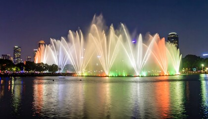 Fototapeta premium Colorful fountain show at night over a lake