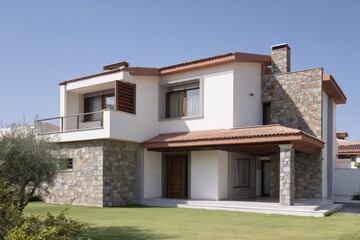 Fototapeta premium Modern villa with stone facade and spacious lawn in a sunny residential area, showcasing contemporary architecture and outdoor living space