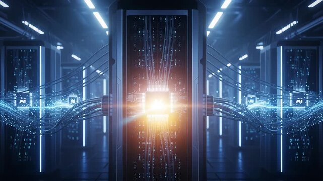 Futuristic AI server room with glowing processors and data streams for cutting edge technology