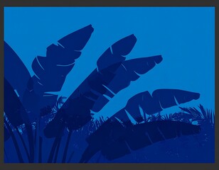Dark blue banana leaves silhouette against twilight sky