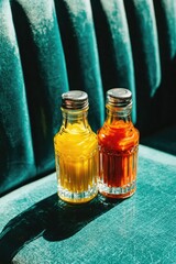 Two small glass bottles, one yellow, one red, filled with sauces or condiments, sit on a teal-colored velvet or fabric surface