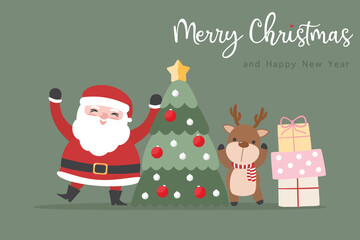 Cute Santa Claus with reindeer, Christmas tree and gift box concept Merry Christmas and Happy new year. Cartoon character for Christmas card, banner, background or element vector flat illustration.