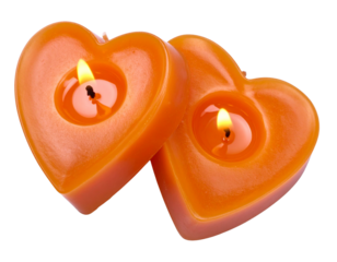 Heart shaped orange candle pair glowing softly with golden flame, isolated on transparent background PNG