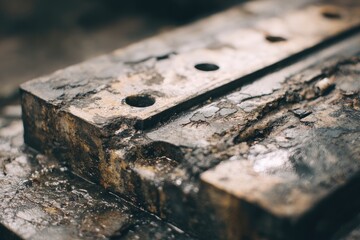 Close-up of a weathered, industrial metal plate with visible corrosion and holes