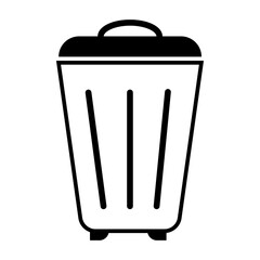 Simple black and white icon of a trash can with a lid and wheels