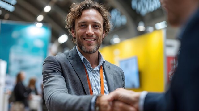 Homme d'affaires souriant serrant la main lors d'un salon professionnel