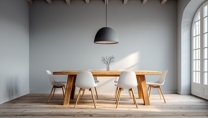 and keyword list based on the image you provided

 Wooden Dining Table with Chairs, Lighting, in a Light and Airy Interior Room.