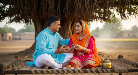 Mature Indian Couple Sitting on a Traditional Charpai and Having Tea
