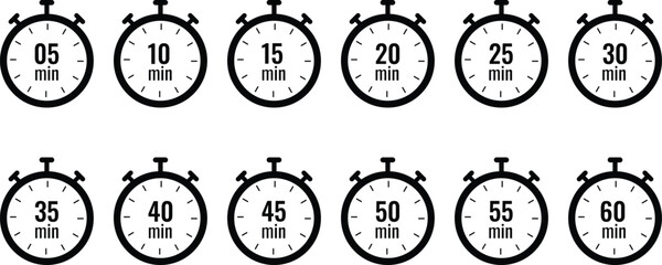 Timer stopwatch icon. time management designs. Label cooking symbols. Countdown timer symbol icons. Sport clock with time meaning
