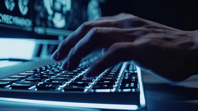 Hands typing on glowing keyboard with code screens, hacker fingers glide fast then hacker pauses scanning breach map while silent hacker night spreads suspense. Concept data intrusion - Powered by Adobe