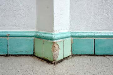 Corner of a building with teal and mint green tiles