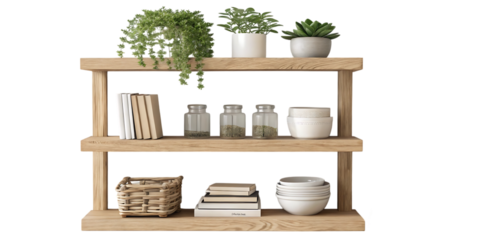 Rustic wooden two shelf display stand with assorted decorative items isolated on transparent background