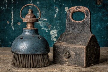 Two antique metal cleaning tools, a brush and a box, on a rustic wooden surface