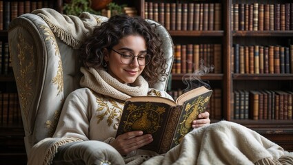 A young woman with curly hair enjoys a book while seated comfortably in a plush armchair. She holds a steaming cup of tea, wrapped in a soft blanket, surrounded by shelves of books