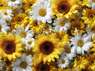 Abundant Yellow Sunflowers and White Daisies Filling the Frame Keywords: sunflower, daisy, yellow, white