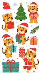 Fototapeta premium Cute tiger cubs in Christmas attire with gifts