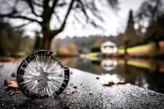 Broken disc rests on icy path near tranquil pond - Powered by Adobe