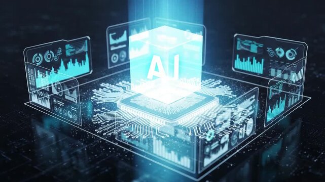 Cutting-edge AI data cube and circuit board with glowing graphs in a dynamic tech video