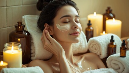 A woman indulges in a soothing self-care routine while soaking in a tub, surrounded by warm candlelight and essential oils. Her tranquil expression suggests pure relaxation