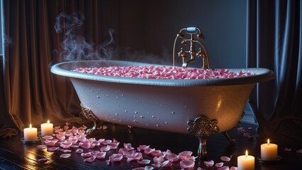 Soft steam rises from a bathtub filled with pink rose petals, surrounded by glowing candles. The setting is calm and romantic, perfect for unwinding and self-care