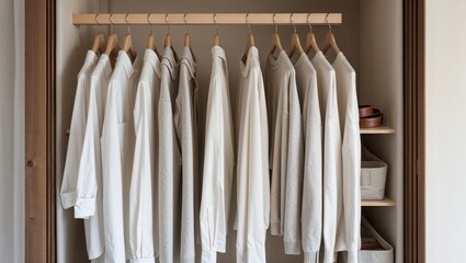 White shirts are neatly arranged on hangers inside a well-organized closet, highlighting a minimalist fashion aesthetic and attention to detail