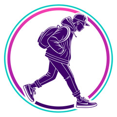 Stylish young person with backpack and cap walking confidently inside a colorful circular frame