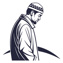 Stylized illustration of a muslim man in prayer wearing a kufi cap and traditional clothing
