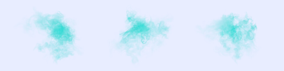 Turquoise smoke clouds with translucent swirls, soft dispersion and airy swirls. Vector steam effect for overlays, motion graphics and abstract designs.
