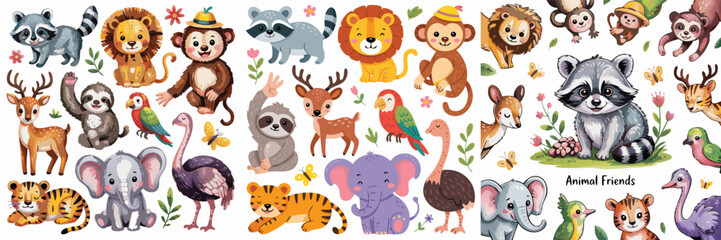 Naklejka premium Adorable Cartoon Animal Characters Collection Raccoon, Lion, Monkey, Deer, Sloth, Tiger, Elephant, and More!