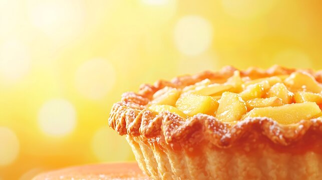 Delicious apple pie filling with flaky crust and bokeh background