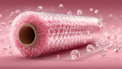 Pink bubble wrap roll on a rose background with water droplets
