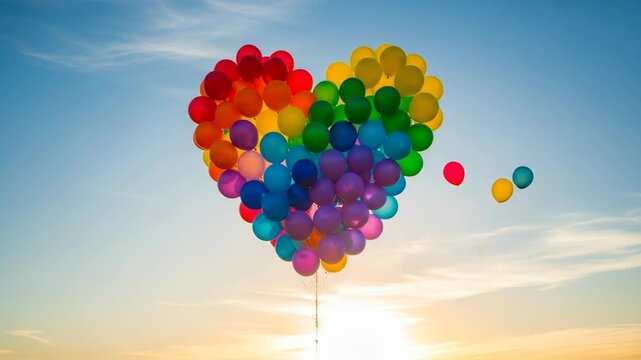 A large bunch of colorful rainbow balloons in the shape of a heart floats in the sky at sunset symbolizing love pride and lgbtq equality

 - Powered by Adobe