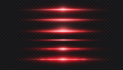 Red horizontal laser flares with bright glow and motion blur on transparent background. Thin light lines and streak beams for overlays, UI highlights, speed effects and sci-fi design. © Valeriia