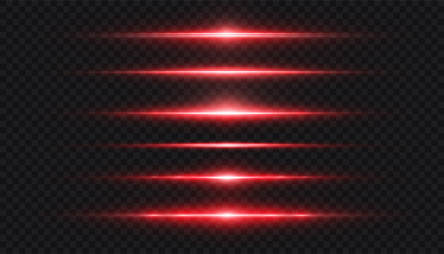 Red horizontal laser flares with bright glow and motion blur on transparent background. Thin light lines and streak beams for overlays, UI highlights, speed effects and sci-fi design.