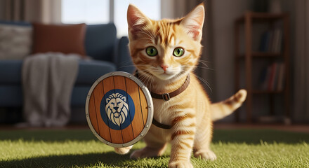 A cute ginger kitten wearing a harness and holding a small shield with a lion emblem poses on a green carpet in a living room.