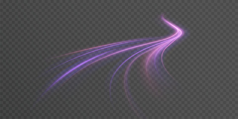Curved purple light streams with motion blur and soft glow on transparent background. Dynamic speed lines forming a smooth turning trajectory for sci-fi effects and modern interfaces.