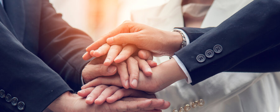 Banner Lawyer teamwork partnership Businessman handshake together. Panorama Two Men Trust honesty lawfirm business handshake promise respect partner. Diversity solidarity team Partner hands together